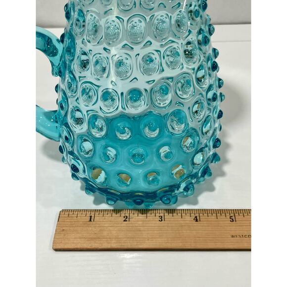 Vintage Handblown Hobnail Glass Aqua Blue Large 9.75" Tall Handled Pitcher - Picture 11 of 12